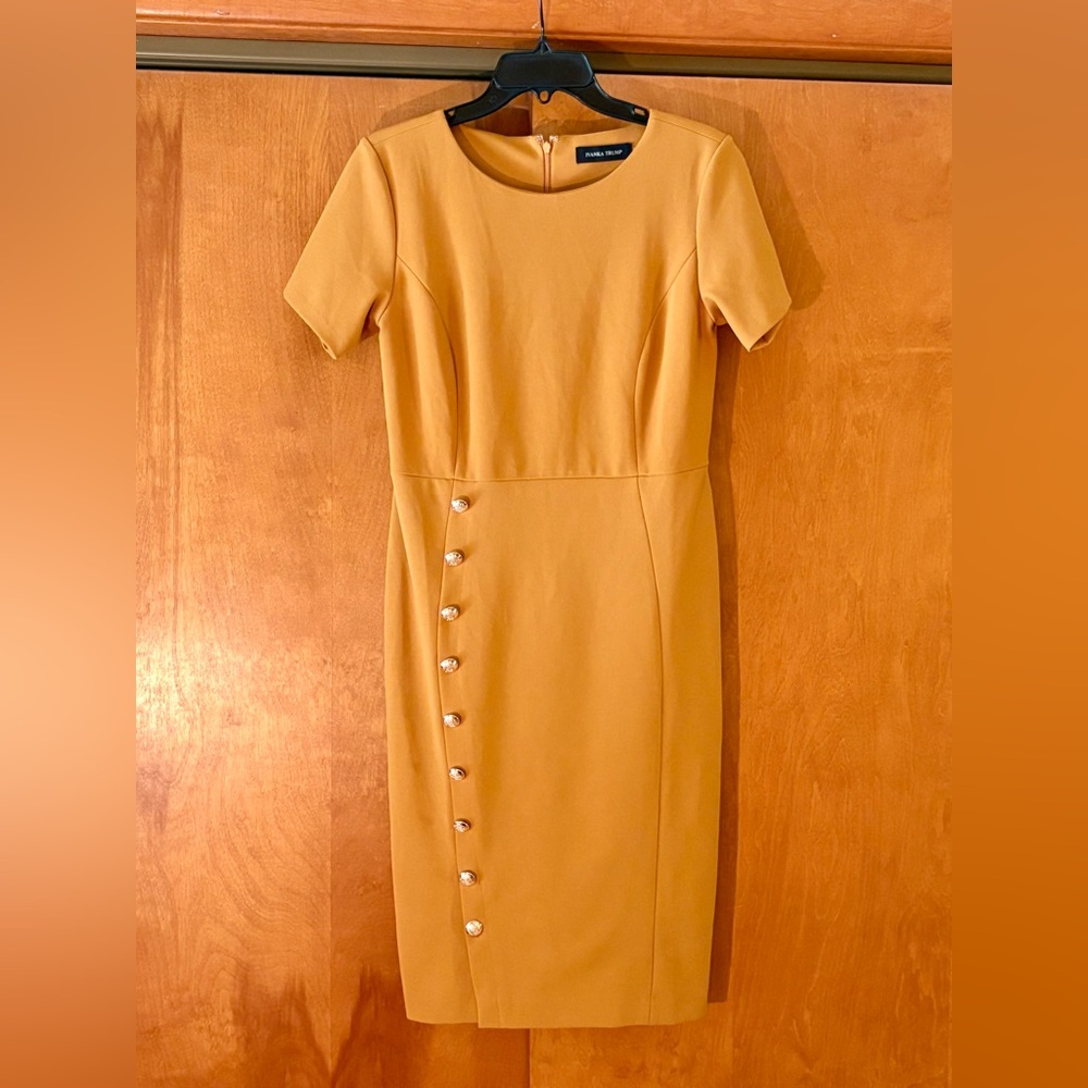 Ivanka Trump Mustard Sheath Dress with Gold Button Accents